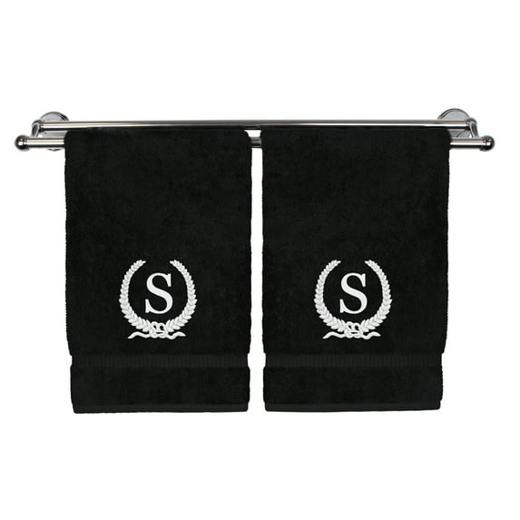 Monogrammed Hand Towel, Personalized Gift, 16 x 30 Inches - White Letter Embroidered with Wreath Design on Black Towel - Extra Absorbent - 100% Turkish Cotton - Soft Terry Finish - Initial S