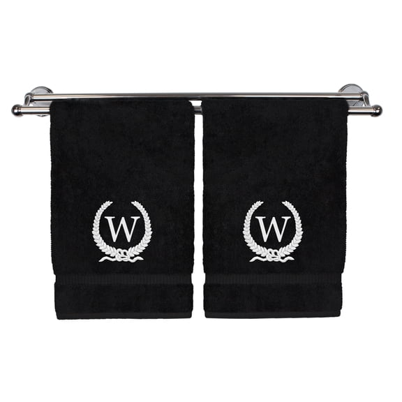 Monogrammed Hand Towel, Personalized Gift, 16 x 30 Inches - White Letter Embroidered with Wreath Design on Black Towel - Extra Absorbent - 100% Turkish Cotton - Soft Terry Finish - Initial W