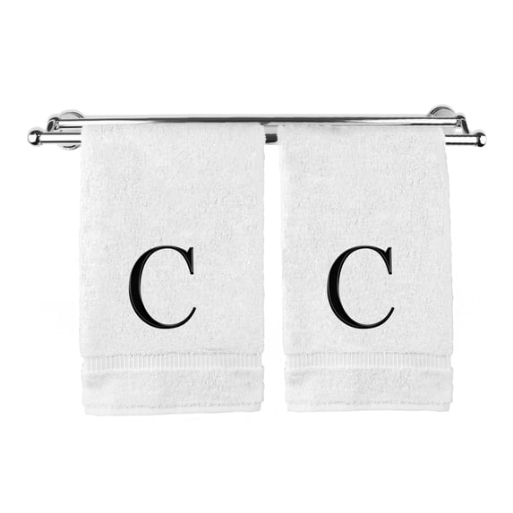 Monogrammed Hand Towel, Personalized Gift, Set of 2- Black Block Letter Embroidered Towel - Extra Absorbent 100% Turkish Cotton - Soft Terry Finish - Initial C White