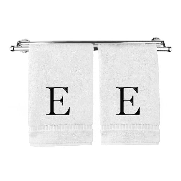 Monogrammed Hand Towel, Personalized Gift, Set of 2- Black Block Letter Embroidered Towel - Extra Absorbent 100% Turkish Cotton - Soft Terry Finish - Initial E White