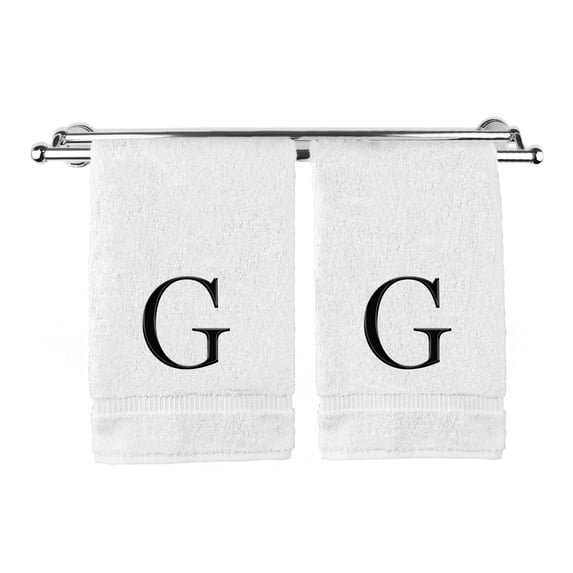 Monogrammed Hand Towel, Personalized Gift, Set of 2- Black Block Letter Embroidered Towel - Extra Absorbent 100% Turkish Cotton - Soft Terry Finish - Initial G White