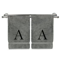 Monogrammed Hand Towel, Personalized Gift, Set of 2- Black Block Letter Embroidered Towel - Extra Absorbent 100% Turkish Cotton - Soft Terry Finish - Initial A Gray