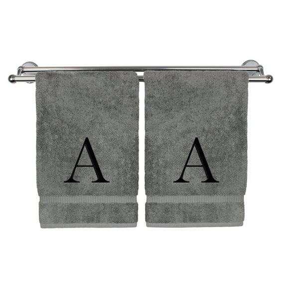 Monogrammed Hand Towel, Personalized Gift, Set of 2- Black Block Letter Embroidered Towel - Extra Absorbent 100% Turkish Cotton - Soft Terry Finish - Initial A Gray