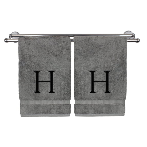Monogrammed Hand Towel, Personalized Gift, Set of 2- Black Block Letter Embroidered Towel - Extra Absorbent 100% Turkish Cotton - Soft Terry Finish - Initial H Gray
