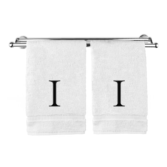 Monogrammed Hand Towel, Personalized Gift, Set of 2- Black Block Letter Embroidered Towel - Extra Absorbent 100% Turkish Cotton - Soft Terry Finish - Initial I White