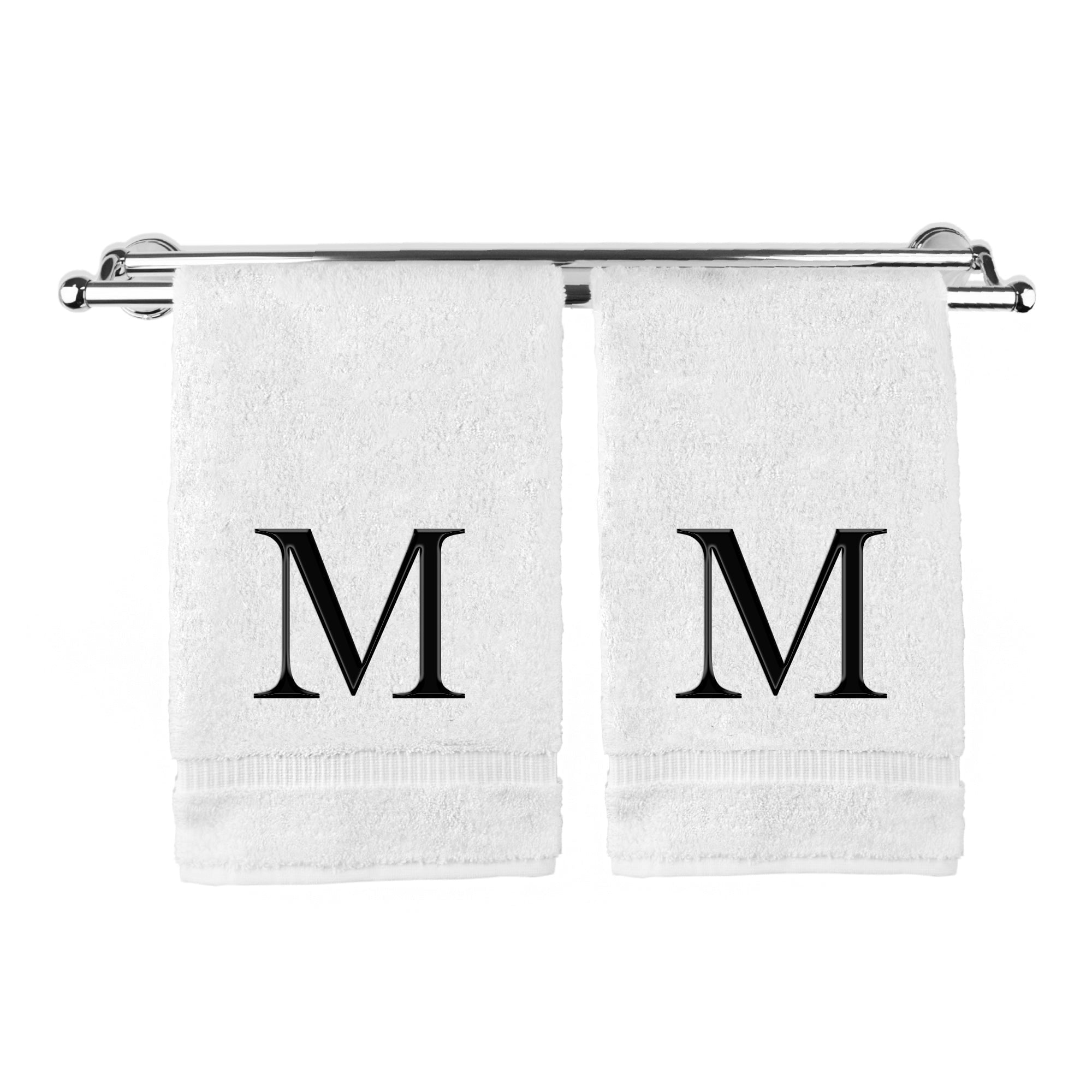 Monogrammed Hand Towel, Personalized Gift, Set of 2- Black Block Letter Embroidered Towel - Extra Absorbent 100% Turkish Cotton - Soft Terry Finish - Initial M White