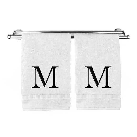 Monogrammed Hand Towel, Personalized Gift, Set of 2- Black Block Letter Embroidered Towel - Extra Absorbent 100% Turkish Cotton - Soft Terry Finish - Initial M White