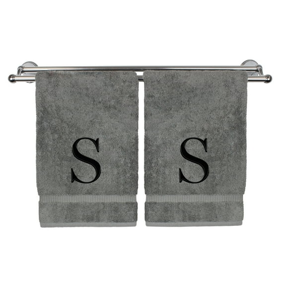 Monogrammed Hand Towel, Personalized Gift, Set of 2- Black Block Letter Embroidered Towel - Extra Absorbent 100% Turkish Cotton - Soft Terry Finish - Initial S Gray