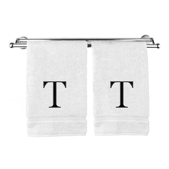 Monogrammed Hand Towel, Personalized Gift, Set of 2- Black Block Letter Embroidered Towel - Extra Absorbent 100% Turkish Cotton - Soft Terry Finish - Initial T White