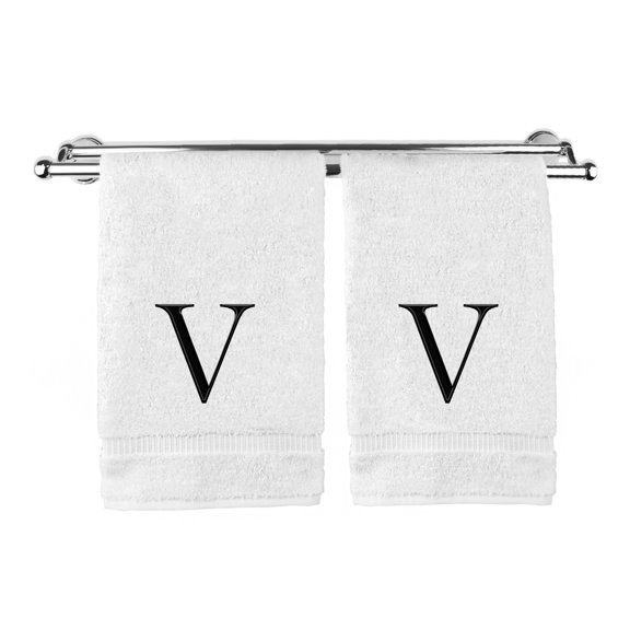 Monogrammed Hand Towel, Personalized Gift, Set of 2- Black Block Letter Embroidered Towel - Extra Absorbent 100% Turkish Cotton - Soft Terry Finish - Initial V White