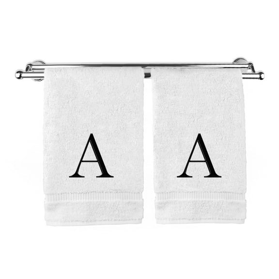 Monogrammed Hand Towel, Personalized Gift, Set of 2- Black Block Letter Embroidered Towel - Extra Absorbent 100% Turkish Cotton - Soft Terry Finish - Initial A White