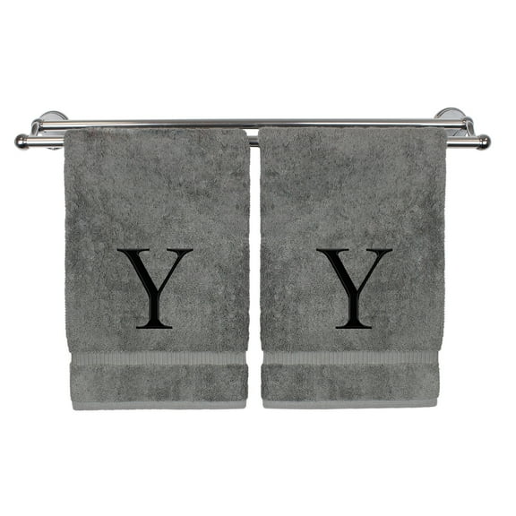 Monogrammed Hand Towel, Personalized Gift, Set of 2- Black Block Letter Embroidered Towel - Extra Absorbent 100% Turkish Cotton - Soft Terry Finish - Initial Y Gray