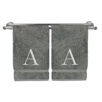 Monogrammed Hand Towel, Personalized Gift, Set of 2- Silver Block Letter Embroidered Towel - Extra Absorbent 100% Turkish Cotton - Soft Terry Finish - Initial A Gray