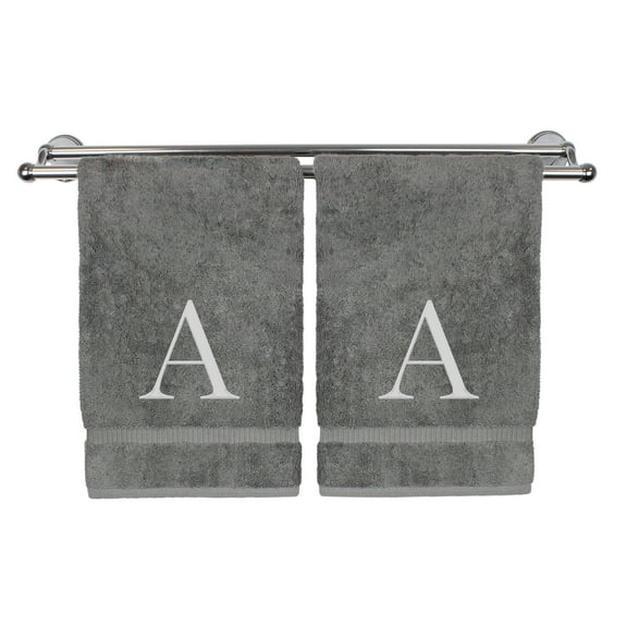 Monogrammed Hand Towel, Personalized Gift, Set of 2- Silver Block Letter Embroidered Towel - Extra Absorbent 100% Turkish Cotton - Soft Terry Finish - Initial A Gray