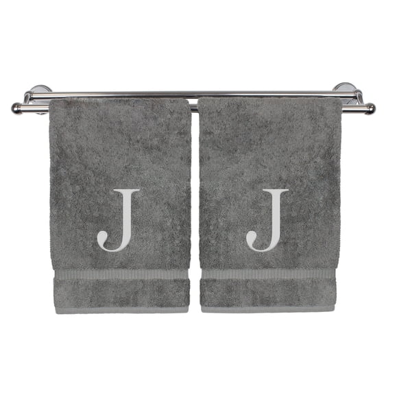 Monogrammed Hand Towel, Personalized Gift, Set of 2- Silver Block Letter Embroidered Towel - Extra Absorbent 100% Turkish Cotton - Soft Terry Finish - Initial J Gray