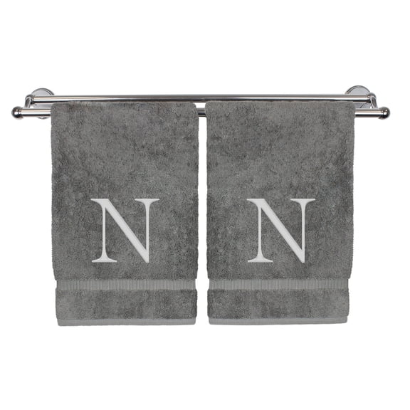 Monogrammed Hand Towel, Personalized Gift, Set of 2- Silver Block Letter Embroidered Towel - Extra Absorbent 100% Turkish Cotton - Soft Terry Finish - Initial N Gray