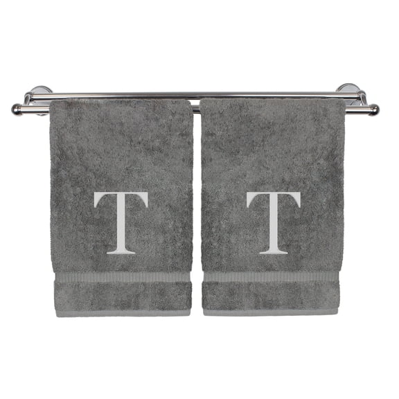 Monogrammed Hand Towel, Personalized Gift, Set of 2- Silver Block Letter Embroidered Towel - Extra Absorbent 100% Turkish Cotton - Soft Terry Finish - Initial T Gray