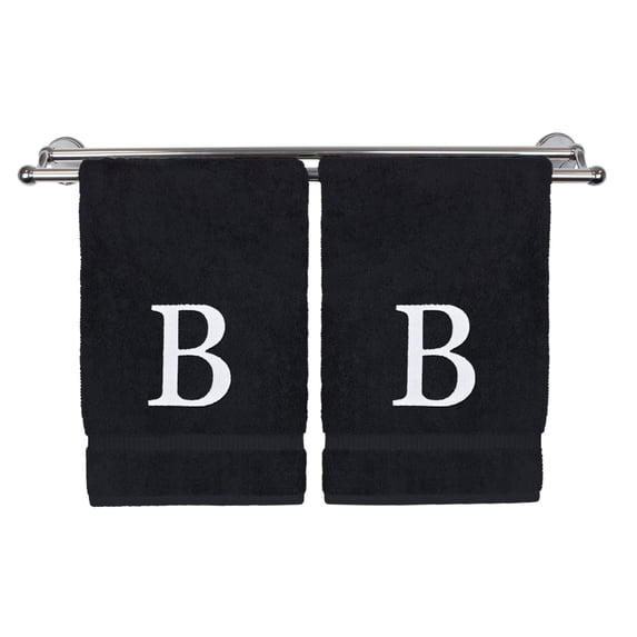 Monogrammed Hand Towel, Personalized Gift, Set of 2- White Block Letter Embroidered Towel - Extra Absorbent 100% Turkish Cotton - Soft Terry Finish - Initial B Black