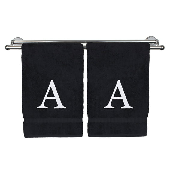 Monogrammed Hand Towel, Personalized Gift, Set of 2- White Block Letter Embroidered Towel - Extra Absorbent 100% Turkish Cotton - Soft Terry Finish - Initial A Black