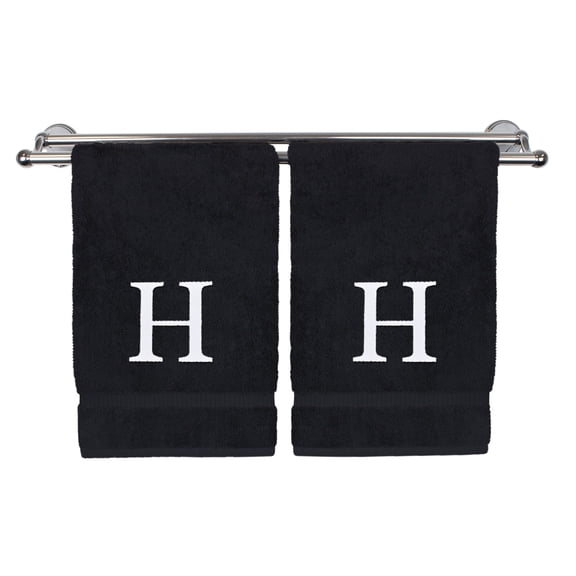 Monogrammed Hand Towel, Personalized Gift, Set of 2- White Block Letter Embroidered Towel - Extra Absorbent 100% Turkish Cotton - Soft Terry Finish - Initial H Black