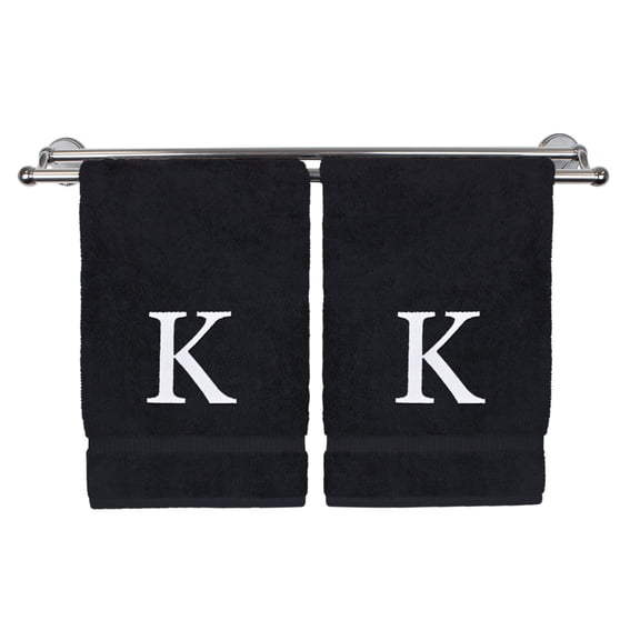 Monogrammed Hand Towel, Personalized Gift, Set of 2- White Block Letter Embroidered Towel - Extra Absorbent 100% Turkish Cotton - Soft Terry Finish - Initial K Black