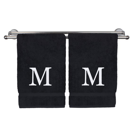 Monogrammed Hand Towel, Personalized Gift, Set of 2- White Block Letter Embroidered Towel - Extra Absorbent 100% Turkish Cotton - Soft Terry Finish - Initial M Black