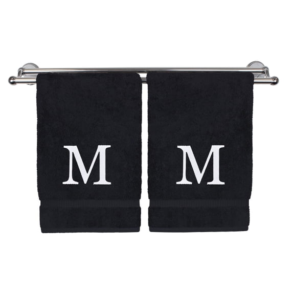 Monogrammed Hand Towel, Personalized Gift, Set of 2- White Block Letter Embroidered Towel - Extra Absorbent 100% Turkish Cotton - Soft Terry Finish - Initial M Black