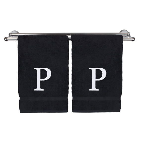 Monogrammed Hand Towel, Personalized Gift, Set of 2- White Block Letter Embroidered Towel - Extra Absorbent 100% Turkish Cotton - Soft Terry Finish - Initial P Black