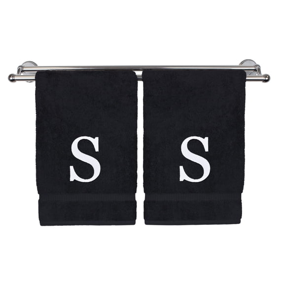 Monogrammed Hand Towel, Personalized Gift, Set of 2- White Block Letter Embroidered Towel - Extra Absorbent 100% Turkish Cotton - Soft Terry Finish - Initial S Black