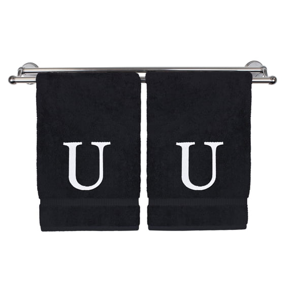 Monogrammed Hand Towel, Personalized Gift, Set of 2- White Block Letter Embroidered Towel - Extra Absorbent 100% Turkish Cotton - Soft Terry Finish - Initial U Black