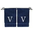 thumbnail image 1 of Monogrammed Hand Towel, Personalized Gift, Set of 2- White Block Letter Embroidered Towel - Extra Absorbent 100% Turkish Cotton - Soft Terry Finish - Initial V Navy, 1 of 1