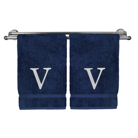 Monogrammed Hand Towel, Personalized Gift, Set of 2- White Block Letter Embroidered Towel - Extra Absorbent 100% Turkish Cotton - Soft Terry Finish - Initial V Navy
