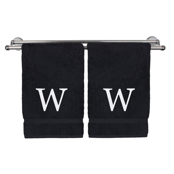 Monogrammed Hand Towel, Personalized Gift, Set of 2- White Block Letter Embroidered Towel - Extra Absorbent 100% Turkish Cotton - Soft Terry Finish - Initial W Black