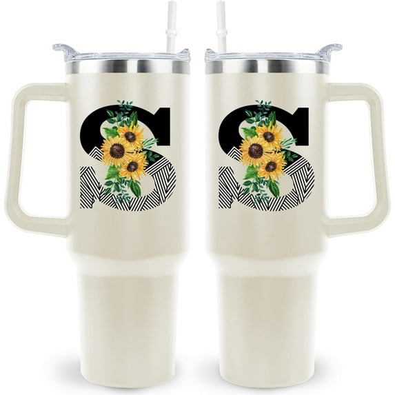 Monogrammed Initial Sunflower 40 Oz Tumbler with Handle and Straw Personalized Custom Cup Birthday Gifts for Women