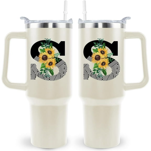 Monogrammed Initial Sunflower 40 Oz Tumbler with Handle and Straw Personalized Custom Cup Birthday Gifts for Women
