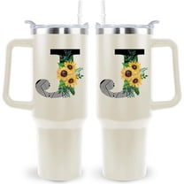 Monogrammed Initial Sunflower 40 Oz Tumbler with Handle and Straw Personalized Custom Cup Birthday Gifts for Women