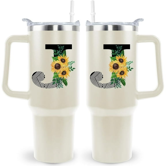 Monogrammed Initial Sunflower 40 Oz Tumbler with Handle and Straw Personalized Custom Cup Birthday Gifts for Women