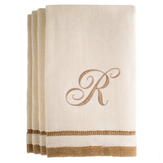 Monogrammed Gifts, Fingertip Towels, 11 x 18 Inches - Set of 4- Decorative Golden Brown Embroidered Towel - Extra Absorbent 100% Cotton- Personalized Gift- For Bathroom/ Kitchen- Initial R (Ivory)