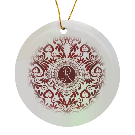 3drose, Monogrammed Red and White Elegance with Letter R, Circle Porcelain Ornament