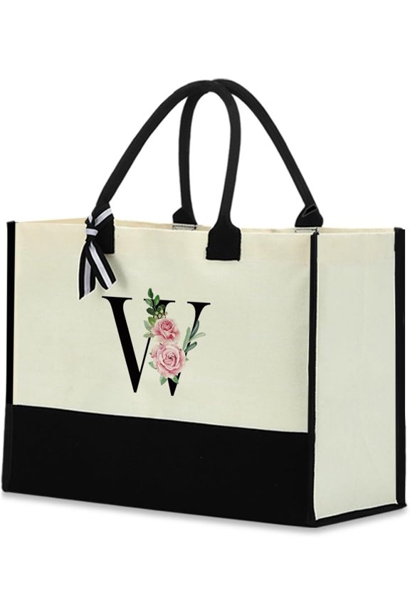 Monogrammed Tote Bags Floral Letter Initial Bag Personalized Beach Bag Monogrammed Gifts for Women Bridesmaids Wedding