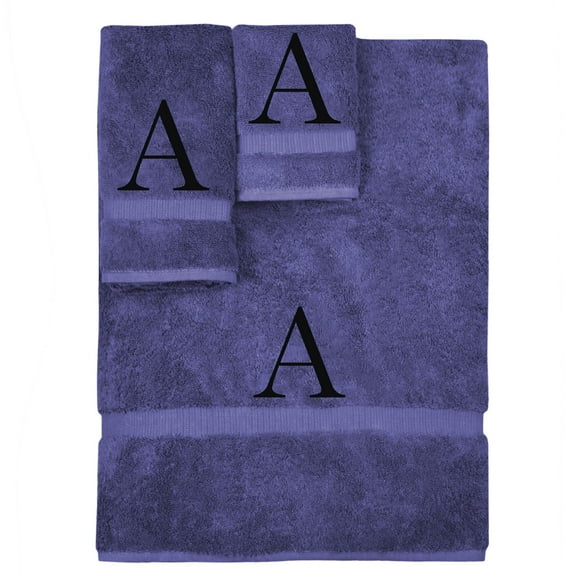Monogrammed Towel Set, Personalized Gift, Set of 3- Black Block Letter Embroidered Towel - Extra Absorbent 100% Turkish Cotton - Soft Terry Finish - Initial A Navy
