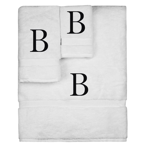 Monogrammed Towel Set, Personalized Gift, Set of 3- Black Block Letter Embroidered Towel - Extra Absorbent 100% Turkish Cotton - Soft Terry Finish - Initial B White