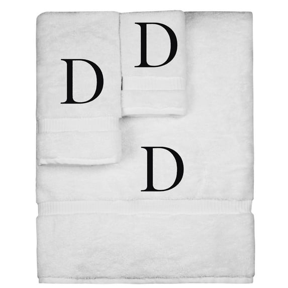 Monogrammed Towel Set, Personalized Gift, Set of 3- Black Block Letter Embroidered Towel - Extra Absorbent 100% Turkish Cotton - Soft Terry Finish - Initial D White