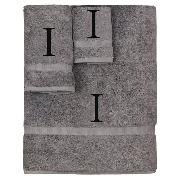 Monogrammed Towel Set, Personalized Gift, Set of 3- Black Block Letter Embroidered Towel - Extra Absorbent 100% Turkish Cotton - Soft Terry Finish - Initial I Gray