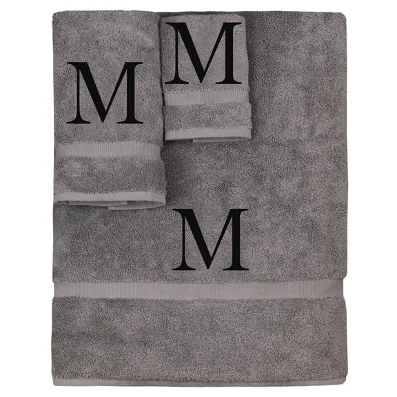 Monogrammed Towel Set, Personalized Gift, Set of 3- Black Block Letter Embroidered Towel - Extra Absorbent 100% Turkish Cotton - Soft Terry Finish - Initial M Gray