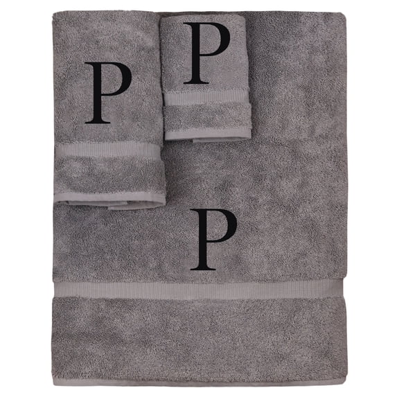 Monogrammed Towel Set, Personalized Gift, Set of 3- Black Block Letter Embroidered Towel - Extra Absorbent 100% Turkish Cotton - Soft Terry Finish - Initial P Gray