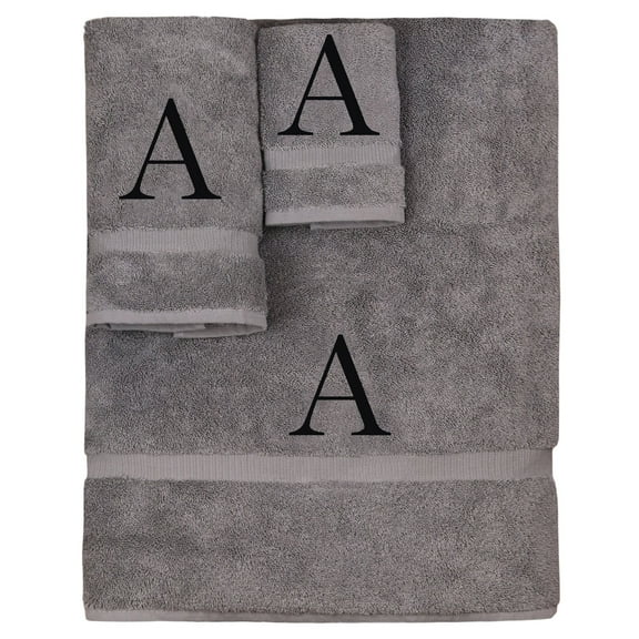 Monogrammed Towel Set, Personalized Gift, Set of 3- Black Block Letter Embroidered Towel - Extra Absorbent 100% Turkish Cotton - Soft Terry Finish - Initial A Gray