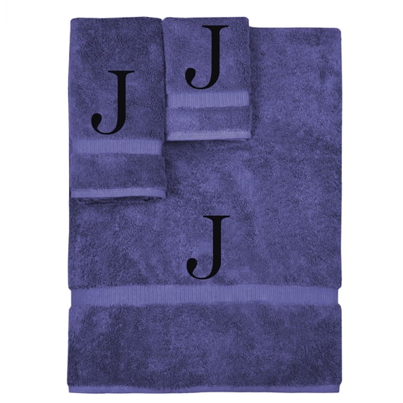 Monogrammed Towel Set, Personalized Gift, Set of 3- Black Block Letter Embroidered Towel - Extra Absorbent 100% Turkish Cotton - Soft Terry Finish - Initial J Navy