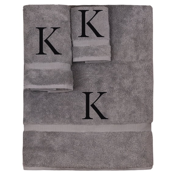 Monogrammed Towel Set, Personalized Gift, Set of 3- Black Block Letter Embroidered Towel - Extra Absorbent 100% Turkish Cotton - Soft Terry Finish - Initial K Gray