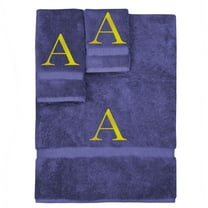 Monogrammed Towel Set, Personalized Gift, Set of 3- Gold Block Letter Embroidered Towel - Extra Absorbent 100% Turkish Cotton - Soft Terry Finish - Initial A Navy